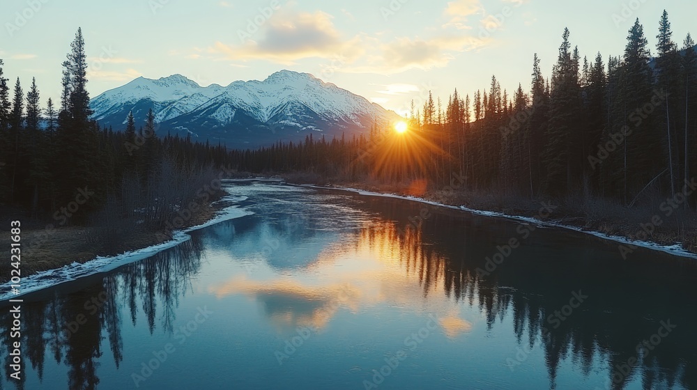 Serene River at Sunset with Mountain View Serene River at Sunset with Mountain View
