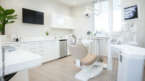 A modern dental clinic featuring clean and bright interior, equipped with advanced dental tools and comfortable patient chair. space is designed for optimal patient care and comfort