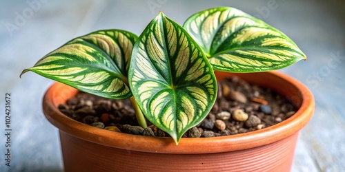 Tropical plant Homolomena Rubescens variegated in a pot photo