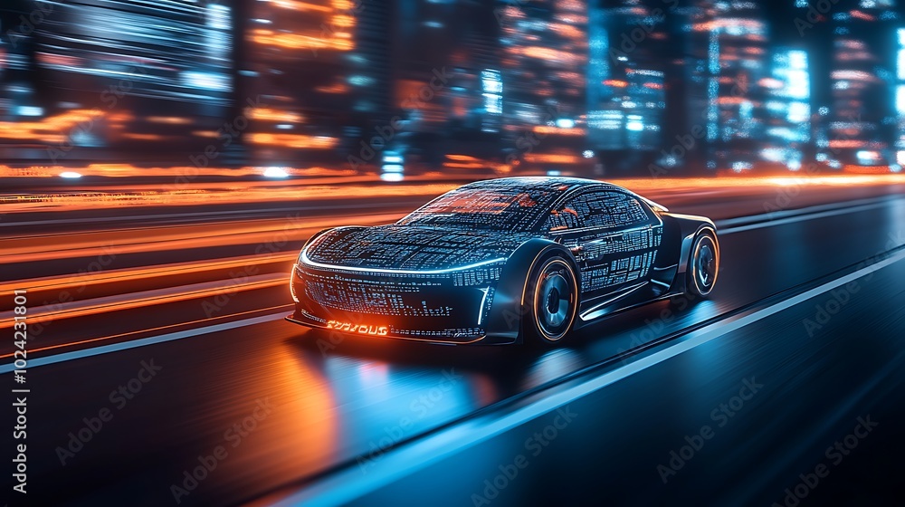 Smart electric car on a futuristic highway at night, glowing ...