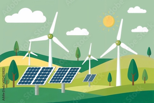 wind turbine and panels in a green landscape vector design 