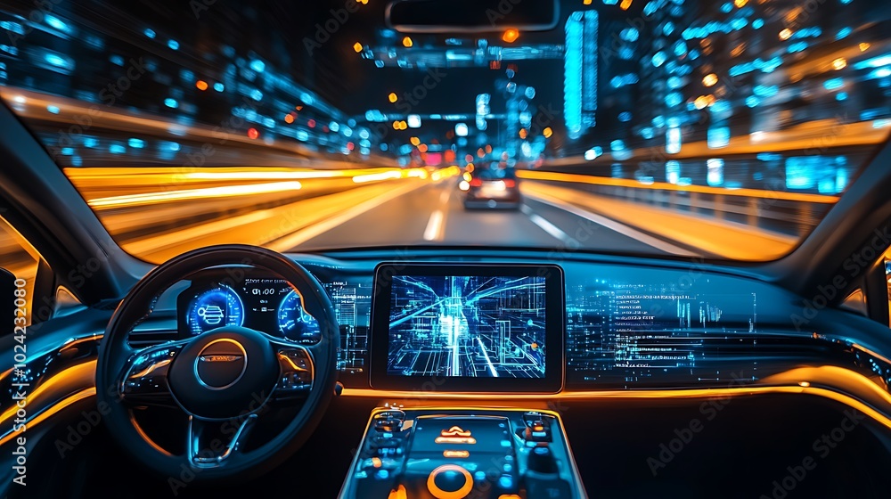 Smart self-driving car on a high-tech road, interactive holographic displays showing real-time navigation data, speed, and safety alerts, advanced city glowing in neon lights, cinematic atmosphere, Smart self-driving car on a high-tech road, interactive holographic displays showing real-time navigation data, speed, and safety alerts, advanced city glowing in neon lights, cinematic atmosphere,