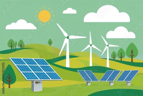 solar panels and wind turbines in green field 