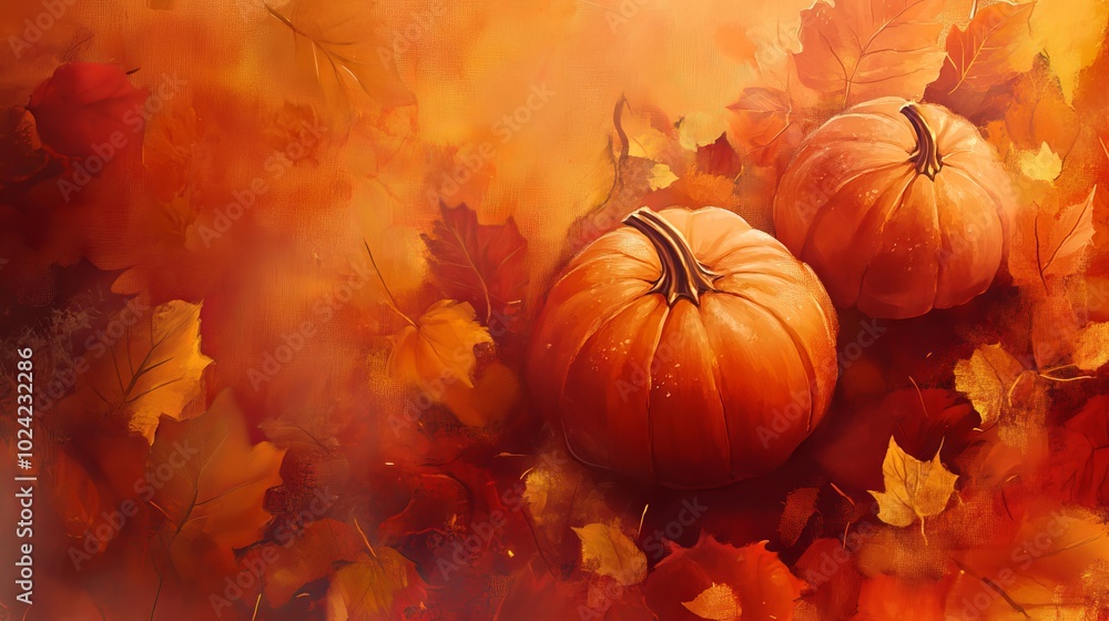 Naklejka premium Two pumpkins are on a leafy orange background. Scene is warm and inviting, with the bright colors of the pumpkins and leaves creating a sense of autumn