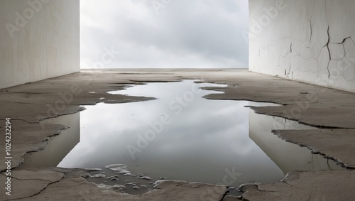 Abandoned room with cracked walls and water pooling on the floor during a cloudy day.