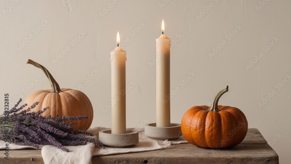 A candle sits beside a bouquet of lavender and a pumpkin on a table with another candle in its center. A candle sits beside a bouquet of lavender and a pumpkin on a table with another candle in its center.