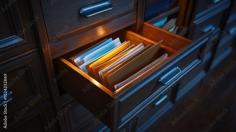 A wooden drawer filled with colorful files, illuminated softly. A wooden drawer filled with colorful files, illuminated softly.