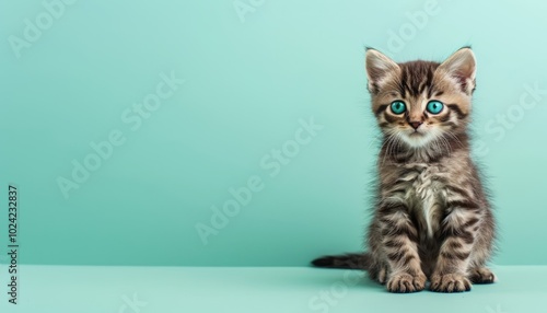 cute tabby kitten sitting against light green background