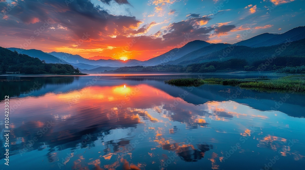 Stunning sunset reflected on a calm lake surrounded by mountains Stunning sunset reflected on a calm lake surrounded by mountains