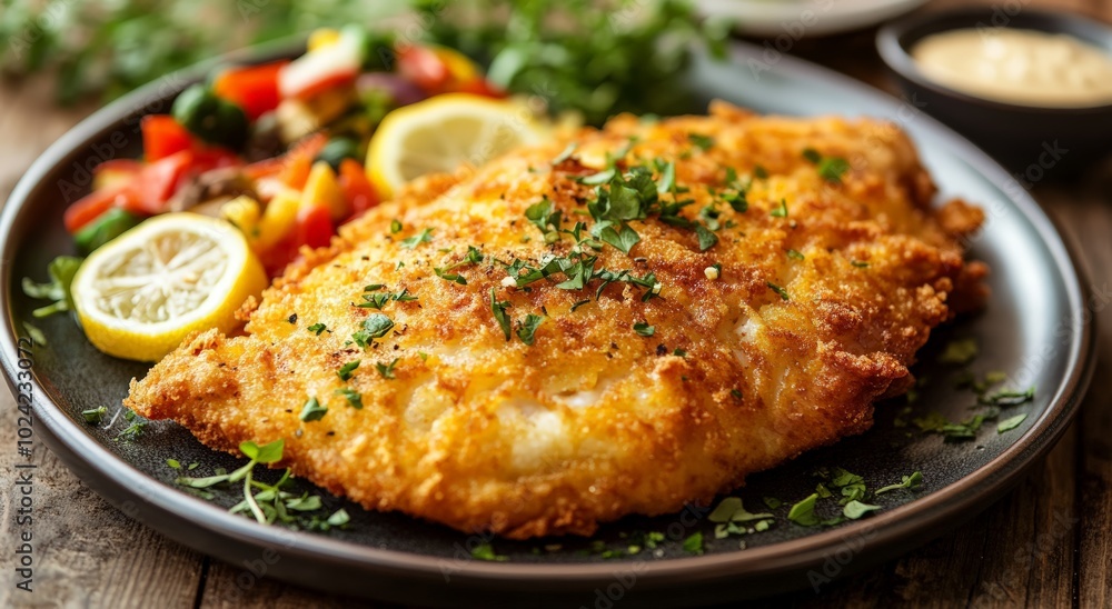 Crispy breaded fish fillet with lemon and vegetable sides Crispy breaded fish fillet with lemon and vegetable sides