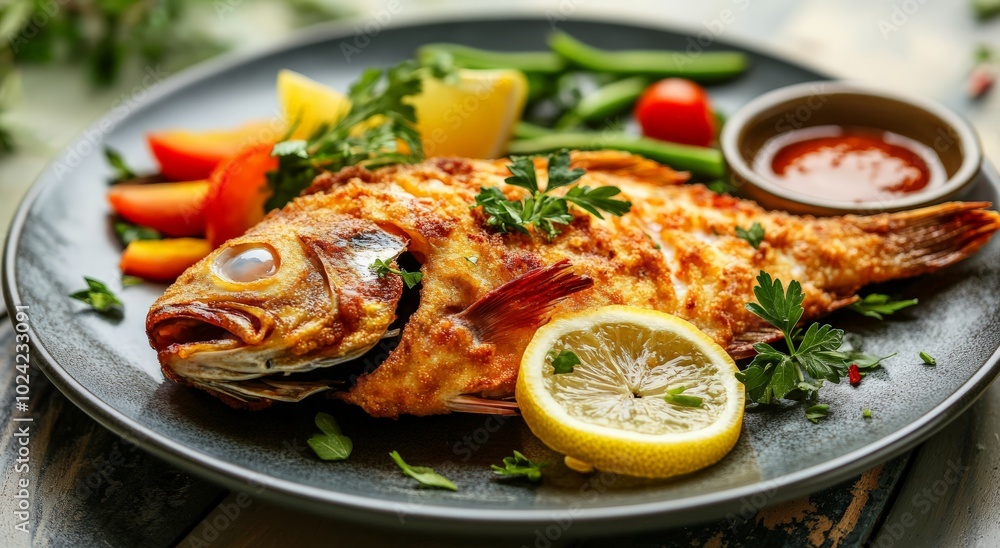 grilled whole fish served with vegetables and lemon slices grilled whole fish served with vegetables and lemon slices