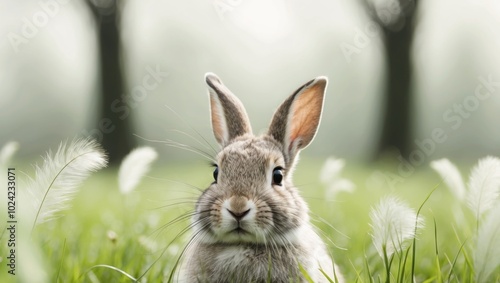 A tight shot of a rabbit amidst a field of grass Background lightly blurred with trees silhouetted beyond. photo