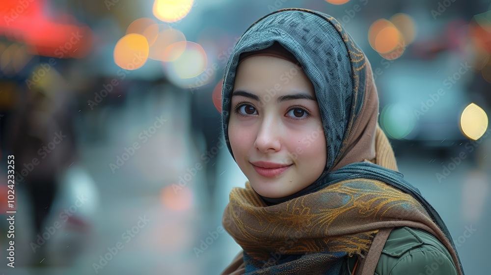 Smiling woman wearing a hijab in a vibrant city setting Smiling woman wearing a hijab in a vibrant city setting