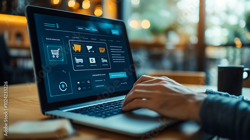 A person is typing on a laptop computer in a cafe