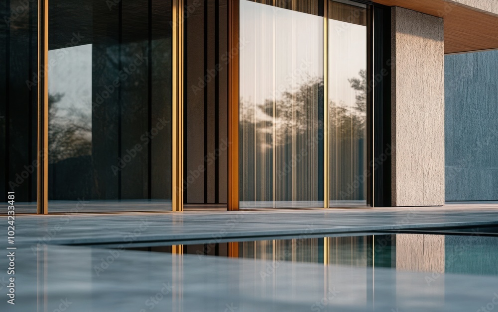 Fototapeta premium Close-up of the glass sliding doors, emphasizing the sleek lines and texture of the wooden frame. This shot captures the reflective quality of the glass
