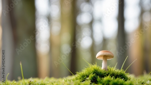 A tight shot of a small mushroom atop mossy ground Surrounding background softly blurred with trees and grass. photo