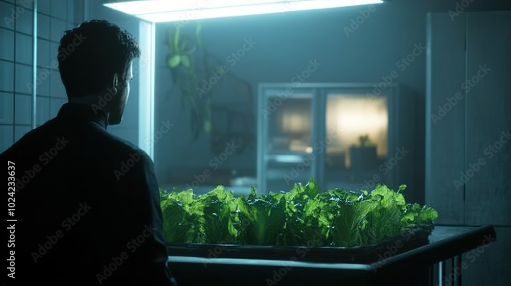 Futuristic Laboratory: Man Observing Hydroponic Lettuce Growth Futuristic Laboratory: Man Observing Hydroponic Lettuce Growth