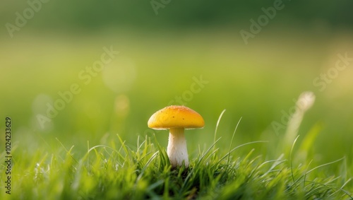 A tight shot of a tiny yellow mushroom atop a blanket of green grass The background softly blurs.