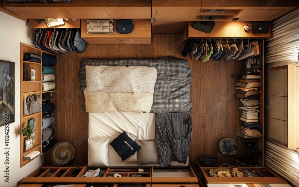 Top-down view of the bedroom layout, focusing on the wardrobe's organization and the flow of the minimalist design. Top-down view of the bedroom layout, focusing on the wardrobe's organization and the flow of the minimalist design.