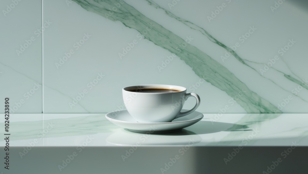 Obraz premium a cup of black coffee on a green marble background.