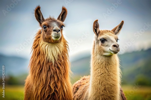 Two llamas standing with one in focus and the other's tail visible in background