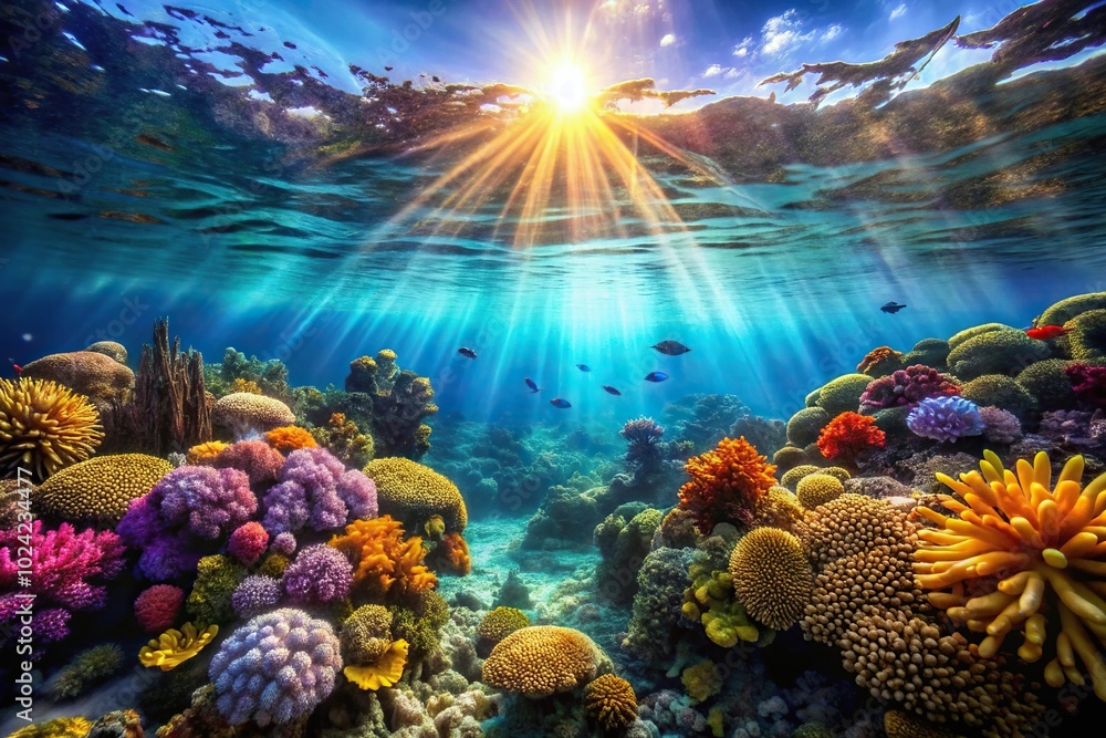Obraz premium Underwater coral reef scene with tropical fish swimming in silhouette