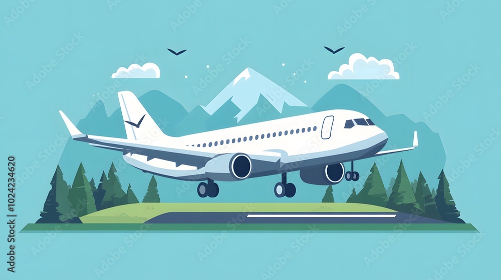 Fototapeta premium Airplane Landing on Runway with Mountain View