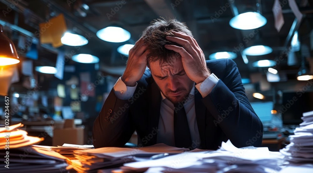 Stressed businessman working late with papers in dark office Stressed businessman working late with papers in dark office
