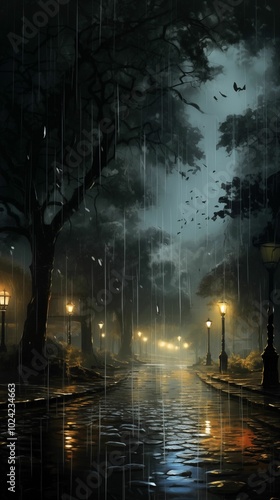 street at night with rain in anime style wallpaper for mobile, 9:16 ratio. Generative ai