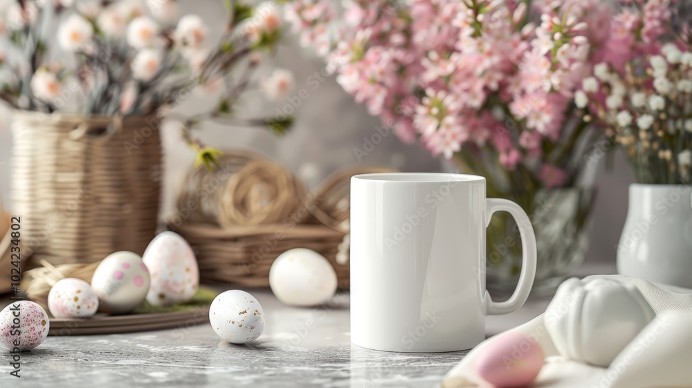 White coffee mug on marble table with spring Easter decor