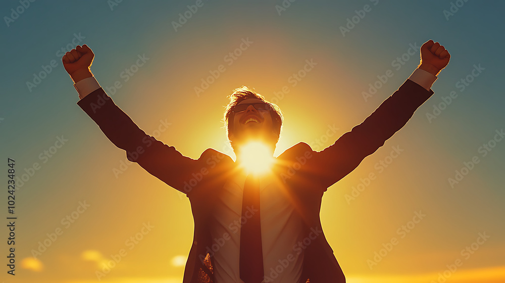 Fototapeta premium A man in a suit is celebrating with his hands raised in the air