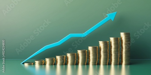 Financial Growth Concept featuring Line Graph as well as Increasing Stacks of Gold Coins on Green Background. photo