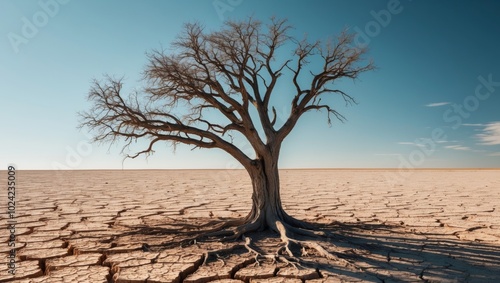 A solitary tree stands resilient on cracked earth during a dry afternoon in a desolate landscape.