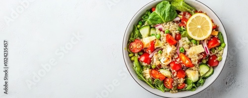 Fresh quinoa salad with vegetables and lemon on a white background.