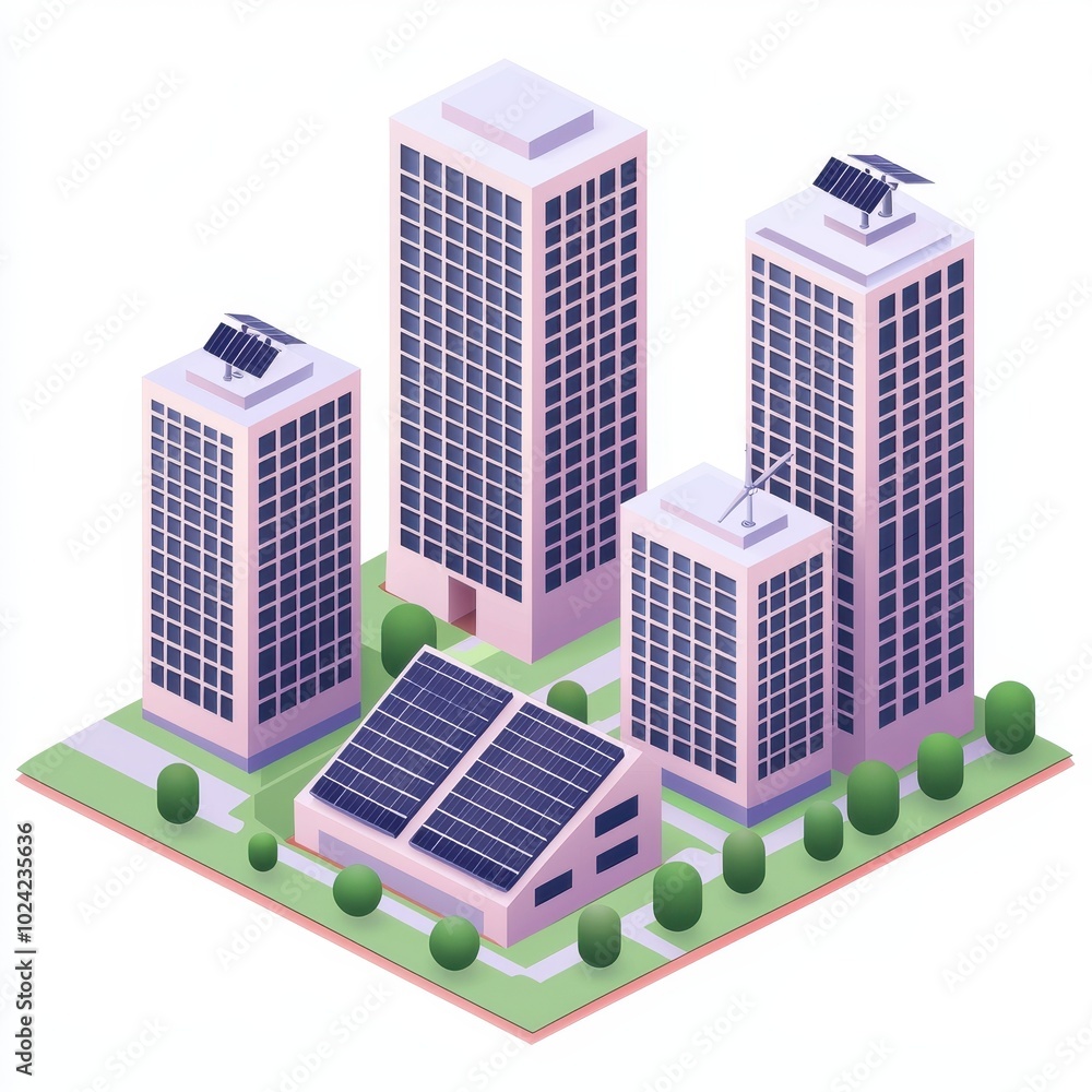 Modern city skyline with solar panels, green landscape, white isolated background. Modern city skyline with solar panels, green landscape, white isolated background.