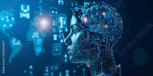 A digital illustration of a human profile with a futuristic AI brain interface, symbolizing advanced technology and artificial intelligence.