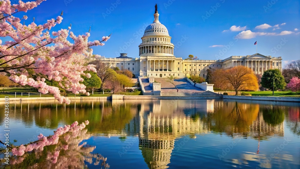 Obraz premium US Capitol Building reflected in water with blue sky and flowering tree