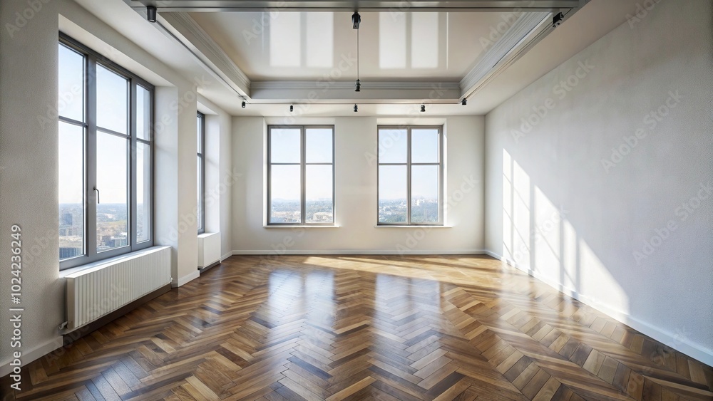 Vacant space with white walls and central window featuring herringbone flooring