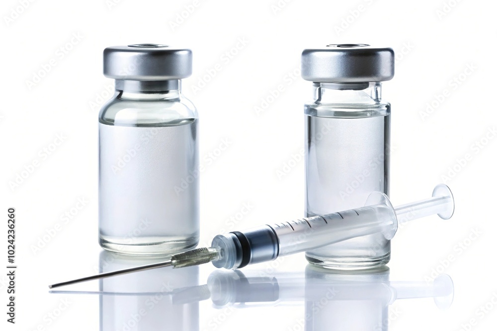 Vaccine vial bottle and syringe isolated on white background with copy space Fisheye Vaccine vial bottle and syringe isolated on white background with copy space Fisheye