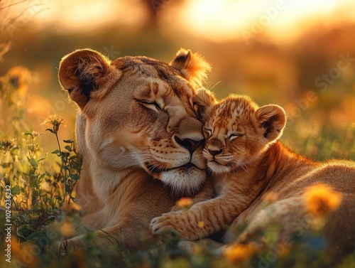 A lioness and her cub cuddle in a field of wildflowers at sunset. photo