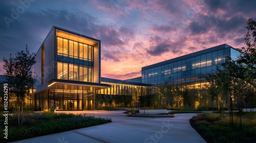 Modern Office Building at Dusk with Pink Sky and Landscaping