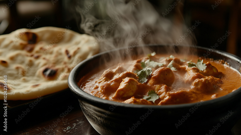 A savory Indian dish of chicken tikka masala, steam floating up from the dish, served with naan bread on a dark wooden table. Ai generated A savory Indian dish of chicken tikka masala, steam floating up from the dish, served with naan bread on a dark wooden table. Ai generated