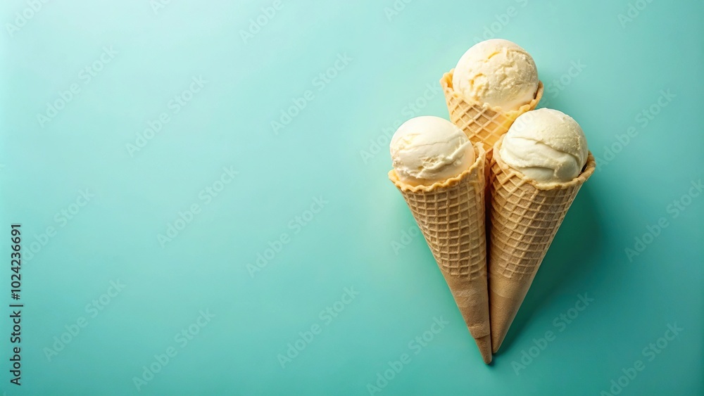 Vanilla ice cream cone with three scoops on pastel background Vanilla ice cream cone with three scoops on pastel background