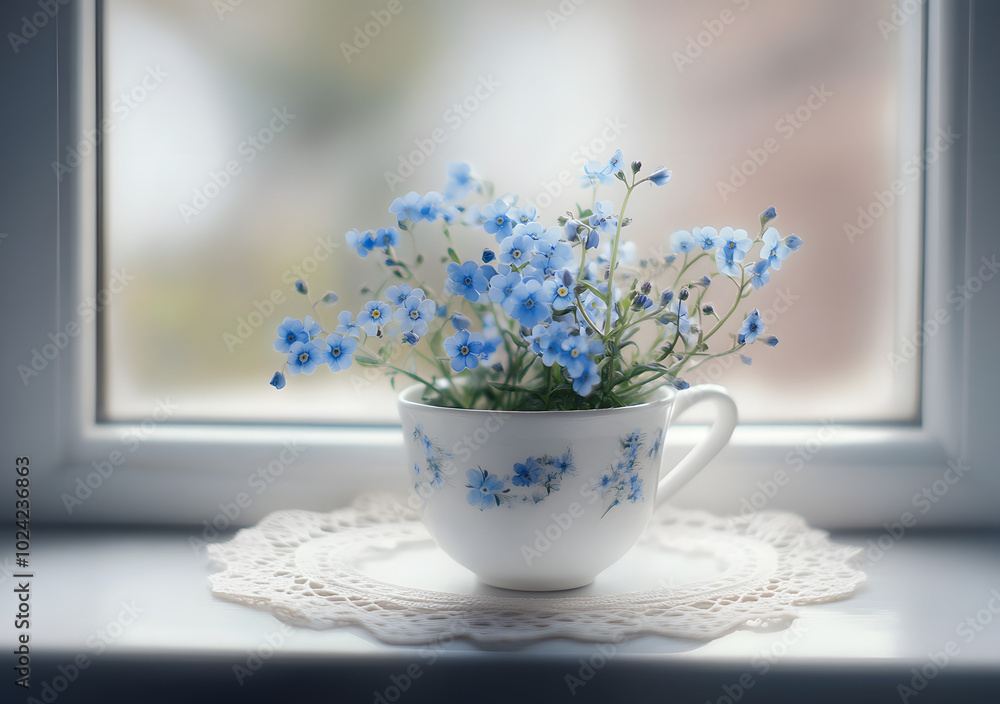 Blue flowers of a forget-me-not in a cup in a window on a lacy tray. Blue flowers of a forget-me-not in a cup in a window on a lacy tray.
