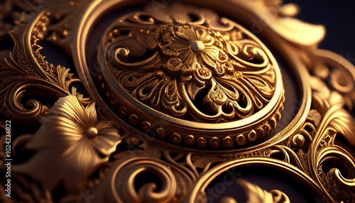 Close-up of intricate gold patterns on antique jewelry. Gold pattern. Antique luxury.