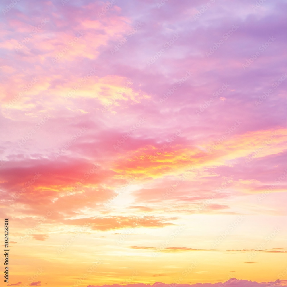Obraz premium Vibrant Morning Sunrise with Colorful Sunset Sky Featuring Shades of Yellow, Orange, and Pink, Creating a Romantic and Sweet Golden Hour Horizon for Summer Backgrounds