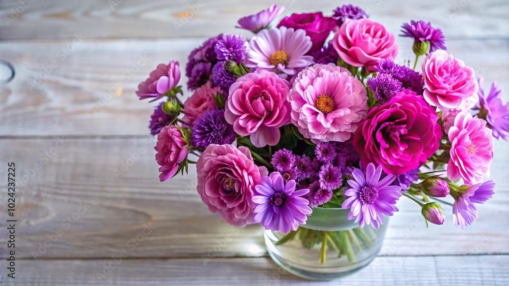 Vase with pink and purple flowers from above Vase with pink and purple flowers from above