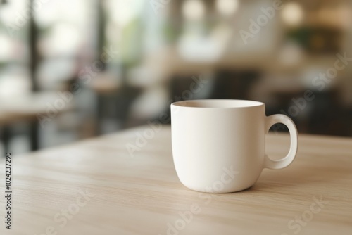 A minimalist coffee cup mockup on a light wooden table in a cozy café setting