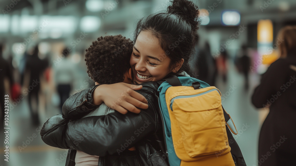 A touching moment of a multi-ethnic family hugging in an airport, representing the power of love and connection that transcends border. Ai generated A touching moment of a multi-ethnic family hugging in an airport, representing the power of love and connection that transcends border. Ai generated