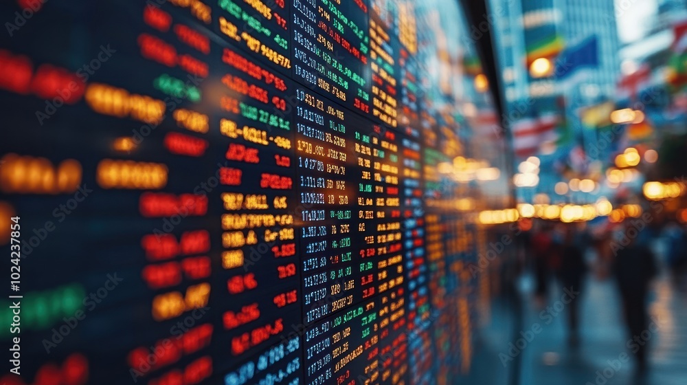 A close-up view of a stock ticker board with colorful numbers and a blurred city background. A close-up view of a stock ticker board with colorful numbers and a blurred city background.